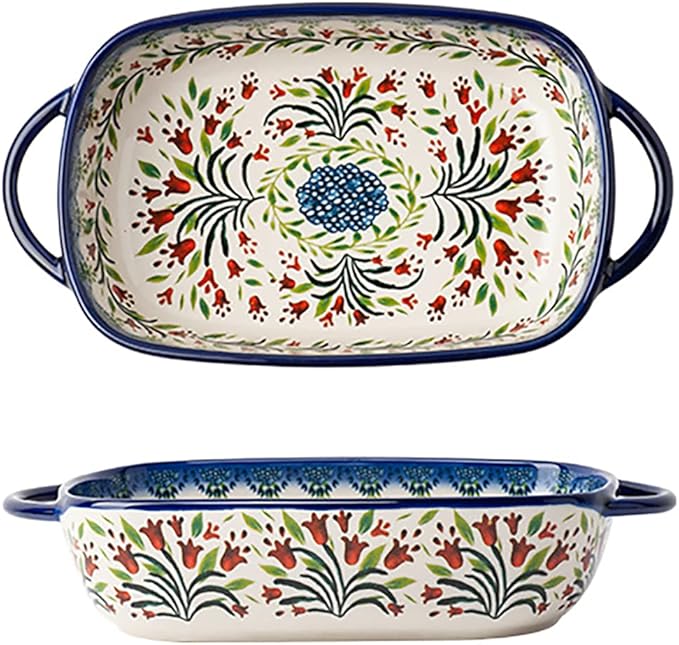 Vintage Style Tulip Flower Pattern Ceramic Bakeware Casserole Dish Baking Pan Lasagna Pans Baking Dish with Handles for Oven/Cooking/Kitchen-1 PCS-22 OZ