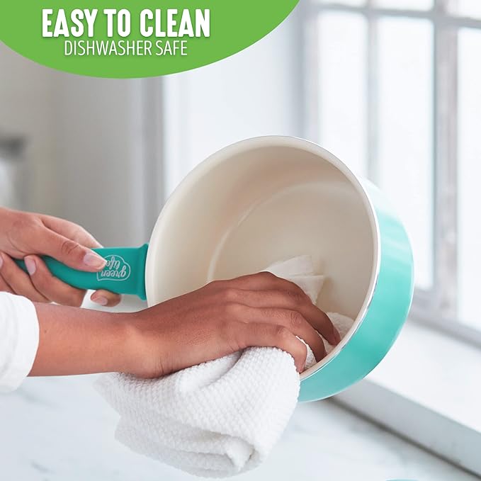 GreenLife Soft Grip 1QT and 2QT Saucepan Set, Healthy Ceramic Nonstick, Non Toxic PFAS & PFOA-Free, Dishwasher Safe, Glass Lids, Stay-Cool Handles, Easy Clean Cookware, Kitchen Essentials, Turquoise