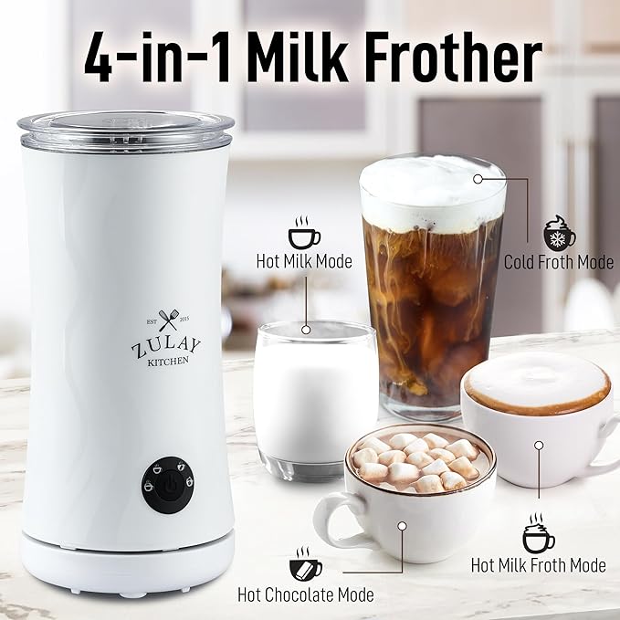 Zulay 4-in-1 Milk Frother and Steamer - Automatic Hot and Cold Foam Maker with Auto Shut Off & Temperature Control for Coffee, Latte, Cappuccino, Hot Chocolate - White