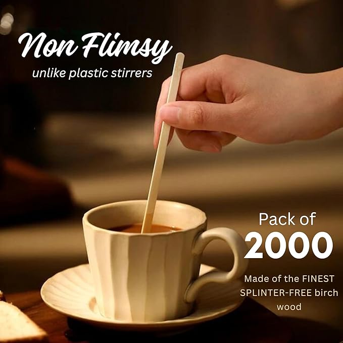 Coffee Stirrers Disposable Wooden Coffee Stir Sticks - Round-End Birchwood 7 Inches Large Wooden Stir Sticks - Pack of 2000 Wood Stir Sticks