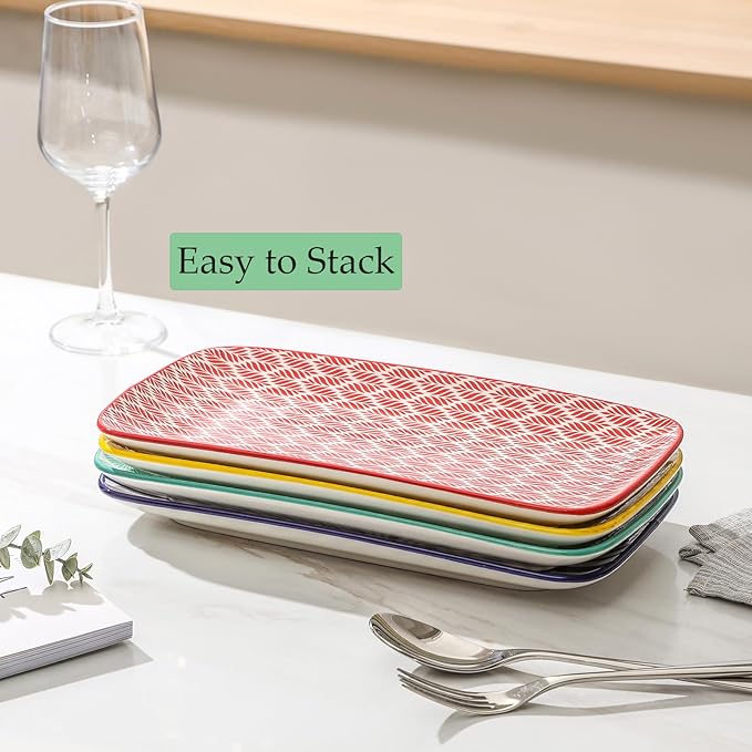 Selamica Ceramic Rectangular Serving Platters Set of 4, 12 Inch Serving Trays/Dishes for Party Entertaining, Rectangular Dinner Plates for Appetizer Salad Dessert Sushi, Assorted Colors