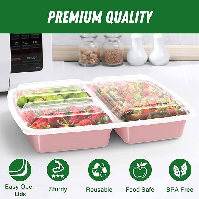 50 Pack (100-Piece) 32 oz Meal Prep Containers Reusable with Lids 3-Compartment, To Go Take Out Plastic Food Storage Containers, Sturdy Leakproof Food Safe, Microwave Freezer Dishwasher Safe, Pink