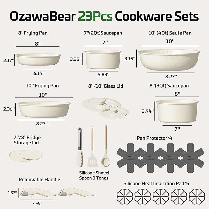 23 Pcs Pots and Pans Set Non Stick, Ceramic Cookware Set Non Toxic with Detachable Handles, Healthy Induction Cookware Oven Safe RV Kitchen Set, PFAS PFOA & PTFE Free, Cream White