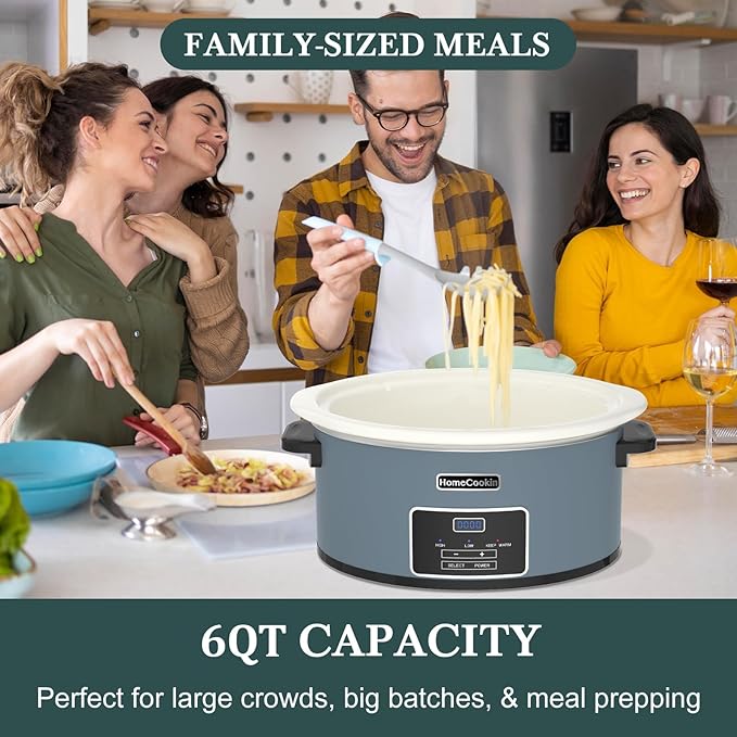 HOMECOOKIN 6-Quart Programmable Slow Cooker with Timer - Small Kitchen Appliance for Family Dinners - Serves 6+ People - Heat Settings: Keep Warm(Blue)