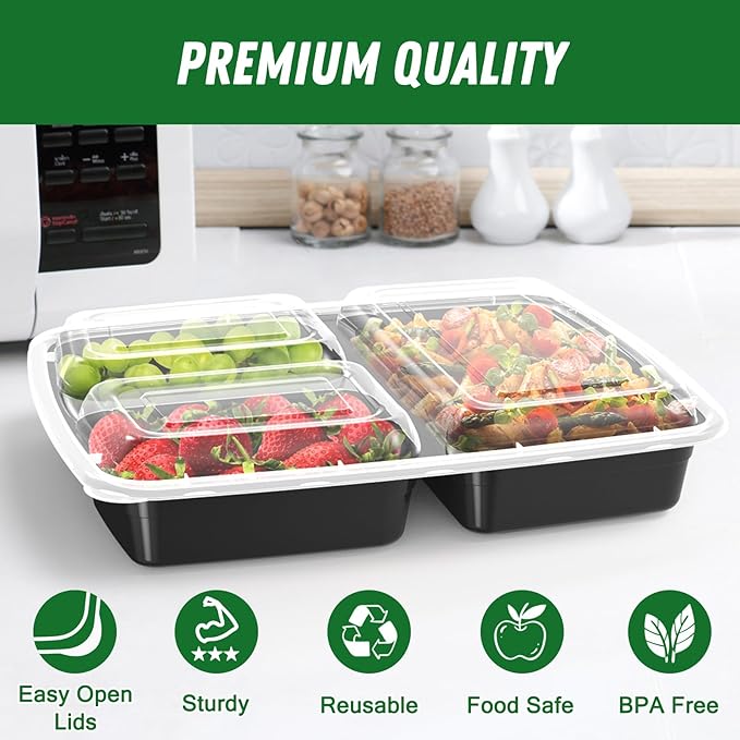 50 Pack (100-Piece) 32 oz Meal Prep Containers Reusable with Lids 3-Compartment, To Go Take Out Plastic Food Storage Containers, Sturdy Leakproof Food Safe, Microwave Freezer Dishwasher Safe, Black