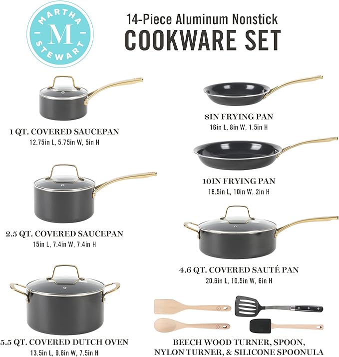 Martha Stewart Lockton 14 Piece Premium Non-Stick Heavy-Gauge Aluminum Cookware Combo Set (Pots, Pans, and Tools) - Black w/Gold Handles