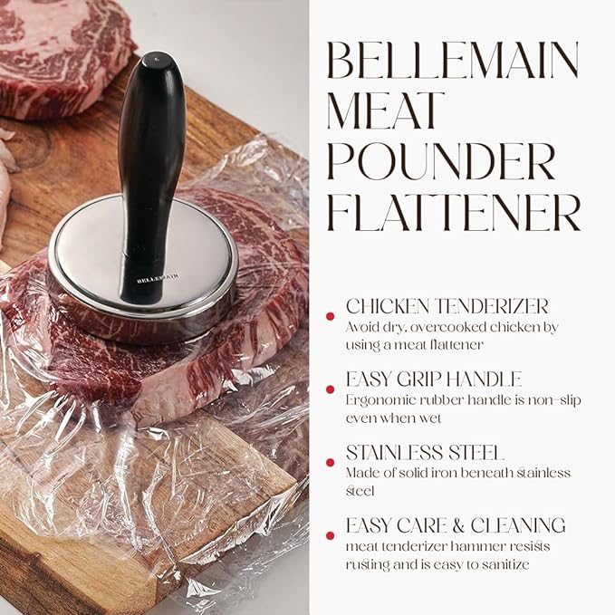 Bellemain Meat Pounder Flattener, Easy-Grip Meat Tenderizer, Stainless Steel Meat Mallet for Cooking, Meat Hammer, Chicken Tenderizer, Meat Smasher Utensil, Kitchen Mallet, Meat Masher Tool