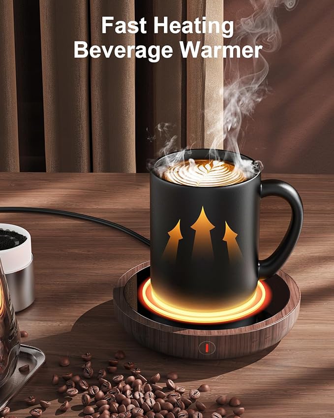 SWEETFULL Coffee Mug Warmer, 36W Electric Cup Warmer for Desk with 3-Temp Settings Advanced Temperature-Controlled Heating Coffee Gifts Accessories for Women Men Milk, Tea, Candle - Wood