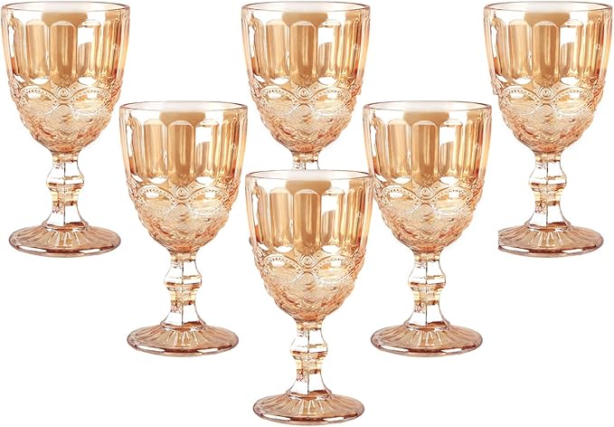 Vintage Wine Glasses Set of 6, 10 Ounces Colored Glass Water Goblets, Unique Embossed Pattern High Clear Stemmed Glassware Wedding Party Bar Glass Drinking Cups Floral Amber