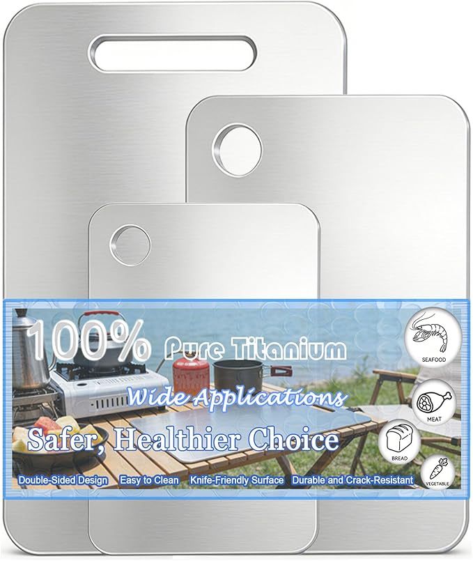 100% Pure Titanium Cutting Board Set of 3, Double-Sided Titanium Cutting Boards for Kitchen Dishwasher Safe, Camping Metal Charcuterie Chopping Board Mat for Meat, Fruit & Cheese (M+L+XL)