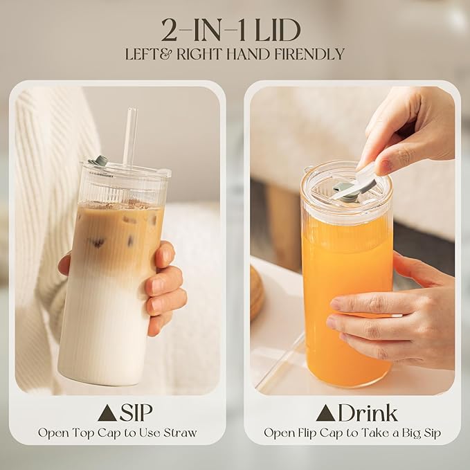 KEMORELA 6-Pack 18oz Large Round Glass Cups with Lids & Straws – Clear Tumblers for Iced Coffee, Juice, Smoothies – Reusable, Leakproof Beverage Set