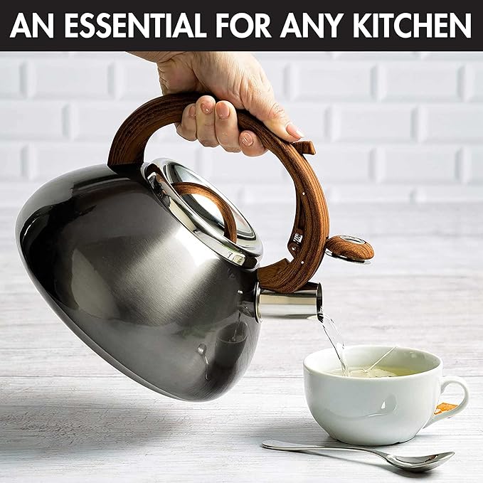 Primula Avalon Whistling Stovetop Tea Kettle, Food Grade Stainless Steel Wide Mouth, Fast to Boil, Cool Touch Handle, 2.5-Quart, Gunmetal Grey and Wood-Look