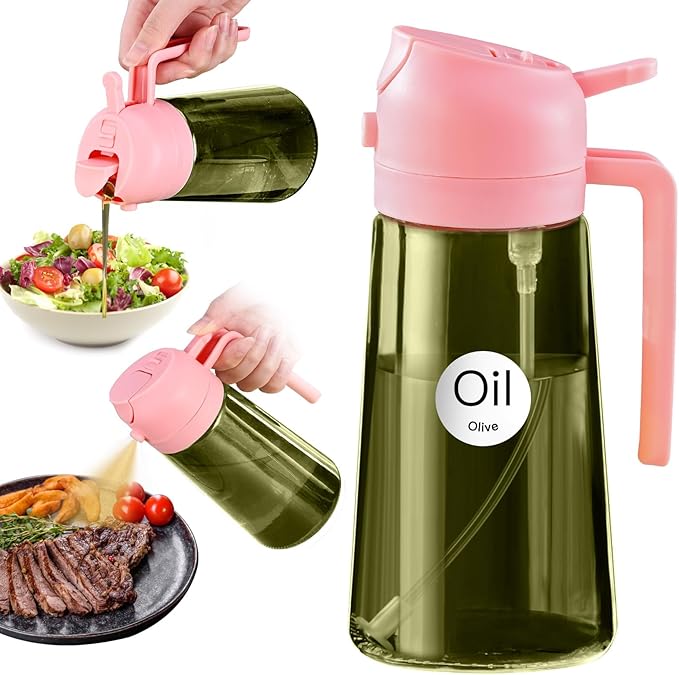 YARRAMATE 16oz/470ml Dark Green Oil Sprayer for Cooking with Stickers, Food-grade Premium 2 in 1 Olive Oil Dispenser Bottle for Kitchen Gadgets, Air Fryer, Salad, Frying, BBQ (Pink)