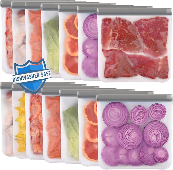 Lerine 14 Pack Reusable Gallon Freezer Bags Dishwasher Safe, BPA Free Reusable Freezer Bags 1 Gallon, Leakproof Food Storage Bags for Meal Prep, Fridge Kitchen Organization (Gray, 14Gallon)