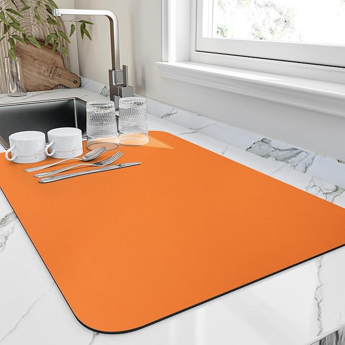 HotLive Dish Drying Mat for Kitchen Counter, Heat Resistant Drainer Mats with Non-slip Rubber Backed, Hide Stain Kitchen Super Absorbent Draining Mat, Easy to Clean Dish Rack Pad, Orange 16"x20"