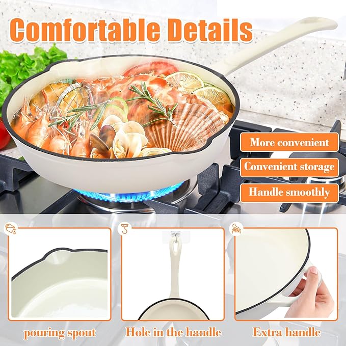 Hisencn Enameled Cast Iron Skillet Set - 3-Piece Fry Pans (8",9.5",11"), PFAS/PTFE/PFOA-Free, Oven & Induction Safe, Cream White Cookware for Gas, Electric, Ceramic Stovetops