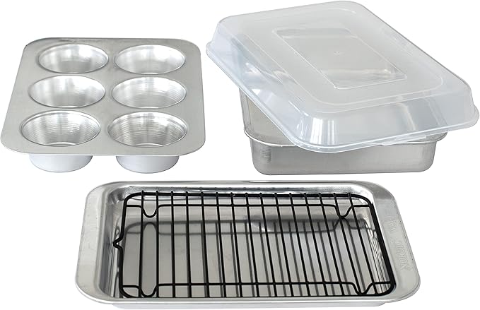 Nordic Ware Naturals 5 Piece Compact Pan Set, Toaster Oven, Counter Ovens, Air Fryer and Broiler Safe, Size for 1-2 Portions - Includes Rectangular Pan, Muffin Pan, Baking Sheet, Broiling Rack and Lid