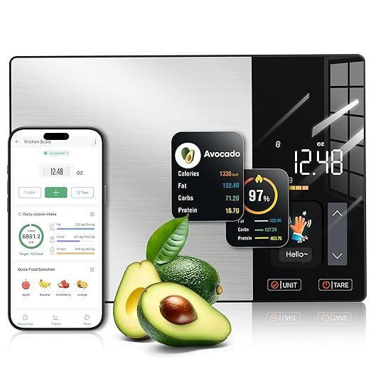 KUAIVO Smart Nutrition Food Scale with TFT Display, Tracks Calories, Fat, Carbs & Protein, Works with App for Daily Reports, 50 Built-in Foods, 23 Nutrients, Digital Kitchen Scale for Meal Prep