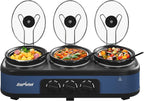 Triple Slow Cooker, Buffet Food Warmer with 3 x 1.5 QT Removable Ceramic Pots, Buffet Servers and Warmers with Glass Lids and 3 Spoons, Stainless Steel, Blue