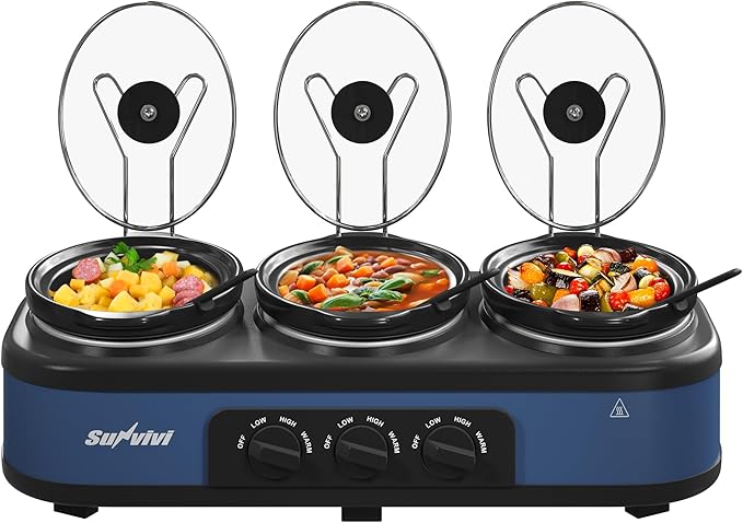 SUNVIVI Triple Slow Cooker, Buffet Food Warmer with 3 x 1.5 QT Removable Ceramic Pots, Buffet Servers and Warmers with Glass Lids and 3 Spoons, Stainless Steel, Blue