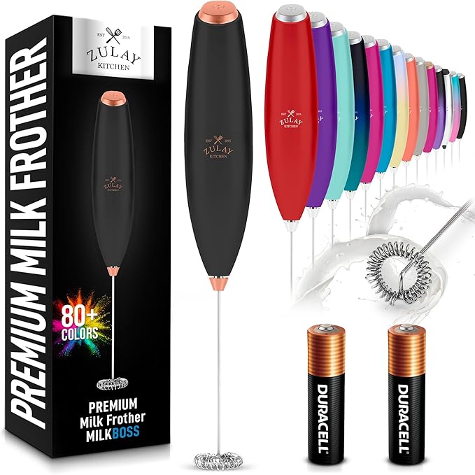 Zulay Kitchen Milk Frother Handheld Electric Whisk with AA Duracell Batteries – Durable Drink Mixer for Coffee, Lattes, Cappuccinos & More - Black Copper