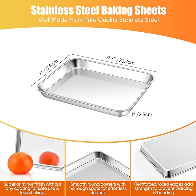Homikit 2 Pack Baking Sheet, 9 x 7 Inches Stainless Steel Cookie Tray Set for Cooking Toasting, Mini Metal Cookie Toaster Oven Baking Pan Non Stick, Rustproof & Mirror Finish, Dishwasher Safe
