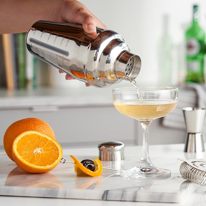 True Vista Stainless Steel Cocktail Shaker with Measurements for Cold Brew Cocktails, Whiskey Sour, Espresso Martini Shaker, Home Bar Essentials, Bar Cart Accessories, Bartender Gifts, 14oz, Set of 1
