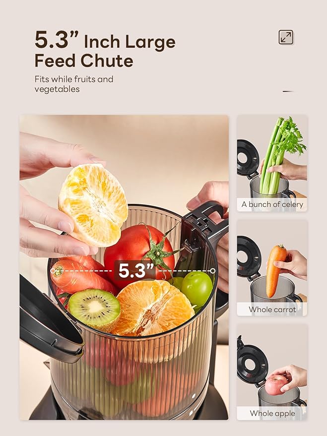QCen Cold Press Juicer, 5.5” Wide Feed Chute Slow Masticating Juicer Machine for Whole Fruits and Vegetables, Easy to Clean (Gray)