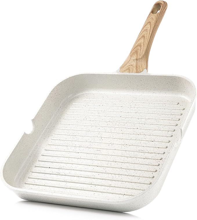 SENSARTE Nonstick Ceramic Grill Pan for Stove Tops, Versatile Square Grilling Pan with Pour Spouts, Durable Grill Skillet for All Stoves(Gas,Electric,Induction) Non Toxic-PTFE,PFAS,PFOA Free, 9.5Inch