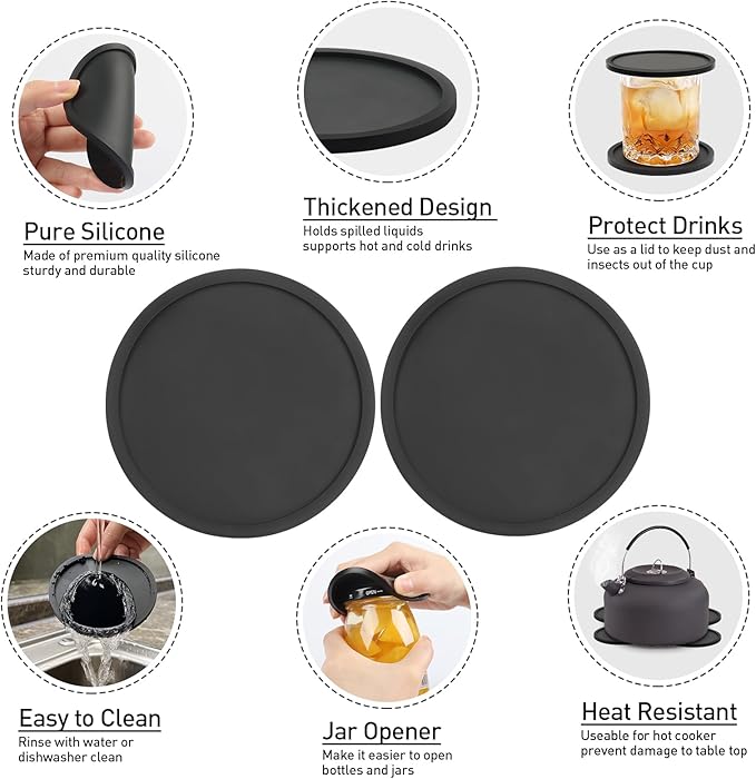 2 Pack Silicone Coasters for Drinks, Round Black Coaster with Deep Tray Grooved Design Cup Mat, Washable Heat Resistant Durable Non-Slip Coasters for Coffee Table Wooden Desk Kitchen Bar