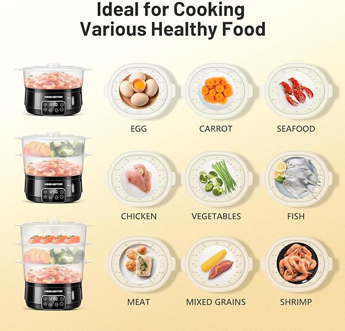 13.7QT Electric Food Steamer for Cooking, Vegetable Steamer with 3 Tiers BPA-Free Baskets, Digital Steamer with Appointment, 800W Fast Cooking, Ideal for Veggies Seafood Rice Black
