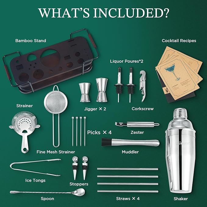 KITESSENSU Cocktail Shaker Set Bartender Kit with Stand | Complete 24-Piece Bar Set Cocktail Kit with All Bar Accessories: Martini Shaker, Jigger, Muddler | Drink Mixer Set for Home Bar Cocktails