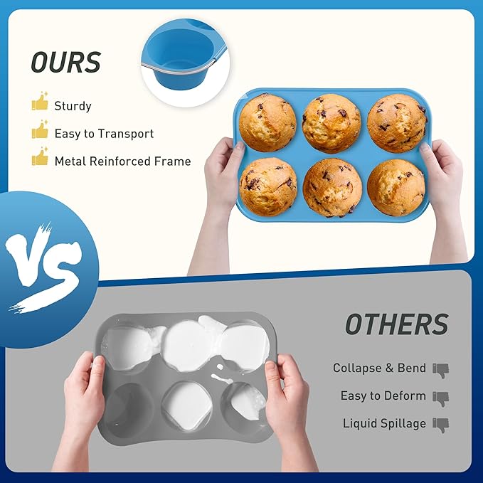 2 Pack 6 Cups Jumbo Muffin Pan with Metal Reinforced Frame Silicone Molds Cupcake Cake Baking Pans Oven Safe Silicone Molds Cookie Muffin Pan Tin Best Baking Sheets Non Toxic Clearance
