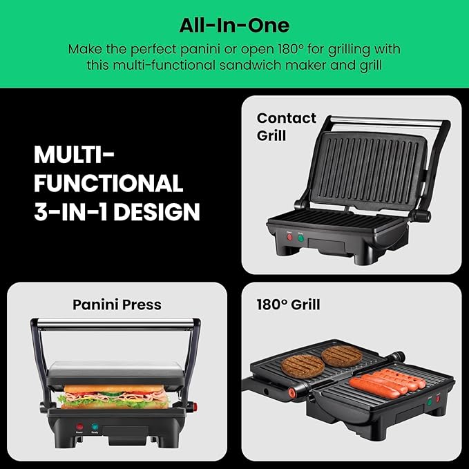 Chefman Electric Panini Press Grill, Compact 2-Slice Sandwich Maker, Non-Stick Coated Plates, Opens 180 Degrees, Dishwasher Safe, Removable Drip Tray, Stainless Steel/Black