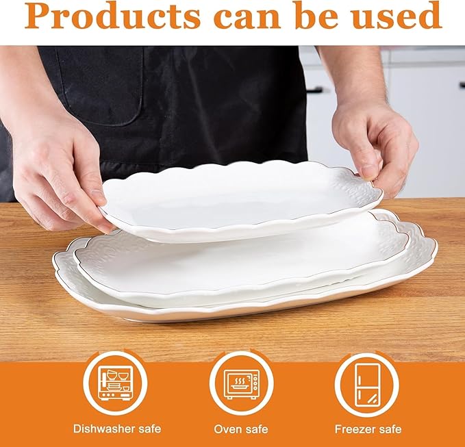 Kassel Ceramic Serving Platter Set | 14”/12”/10” Oval Serving Trays for Entertaining at Parties and Weddings | Oven Safe Large Serving Trays for Tacos, Steak, and Cake