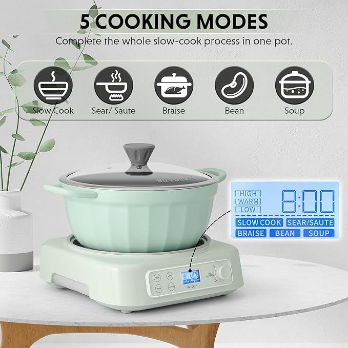 BUYDEEM 5-in-1 Slow Cooker 4.7QT with Removable Nonstick Stockpot, Compatible with Various Cookwares, Two Temperature Controls, Customized Time Settings, Auto Keep Warm for 2H, Cozy Greenish