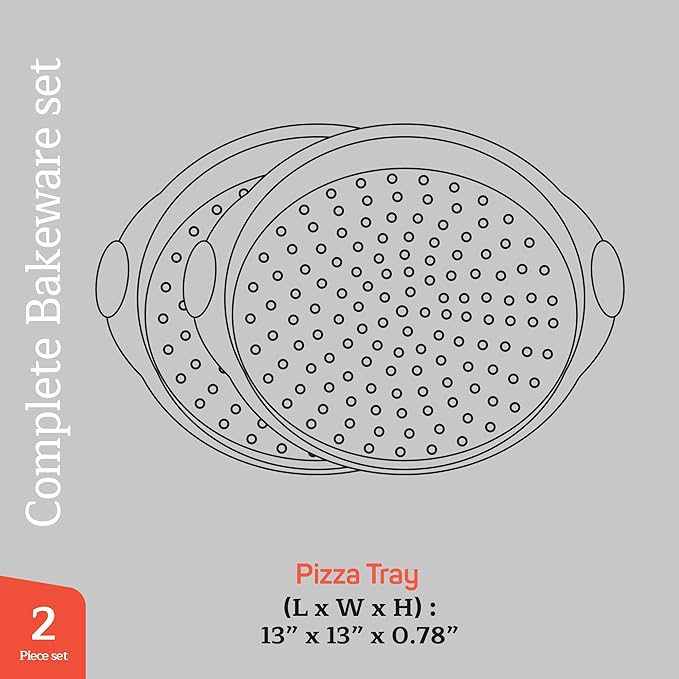 Non-Stick Pizza Pan with Silicone Handle 2 Pack, 13 Inch Round Carbon Steel Tray with Perforated Holes, Dishwasher & Oven Safe Up To 450°F, PFOAPFOSPTFE Free, Durable Nonstick White Marble Coating