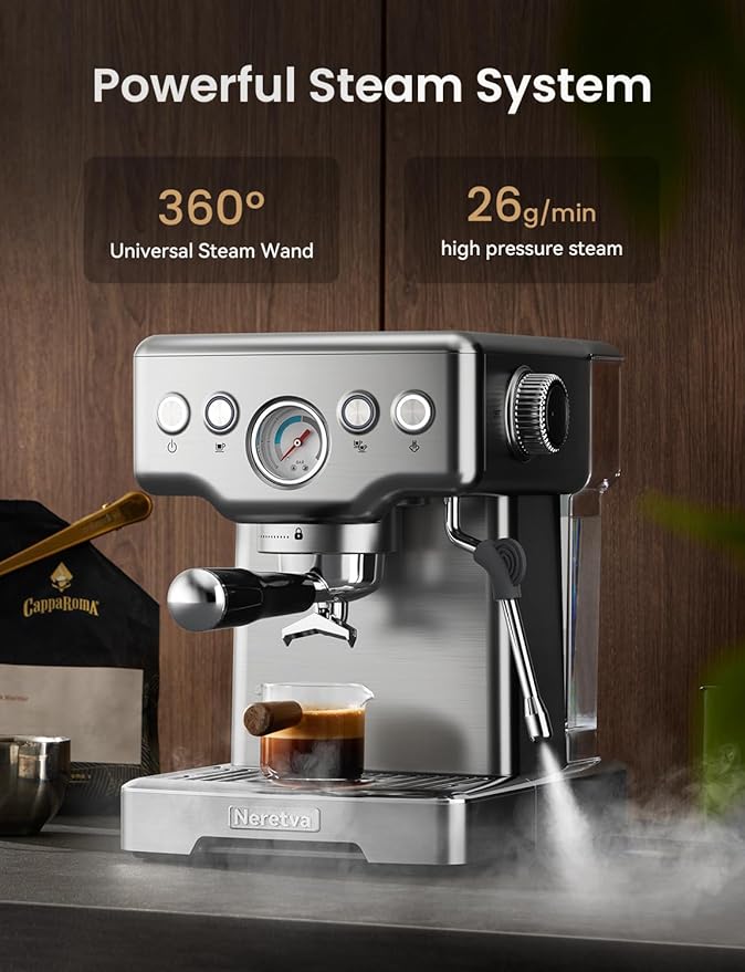Neretva Espresso Machine, 15 Bar Espresso Coffee Machine with Visible Pressure Guage Professional Espresso Maker with Milk Frother & Stainless Steel for Home Barista Latte and Cappuccino Maker-Silver