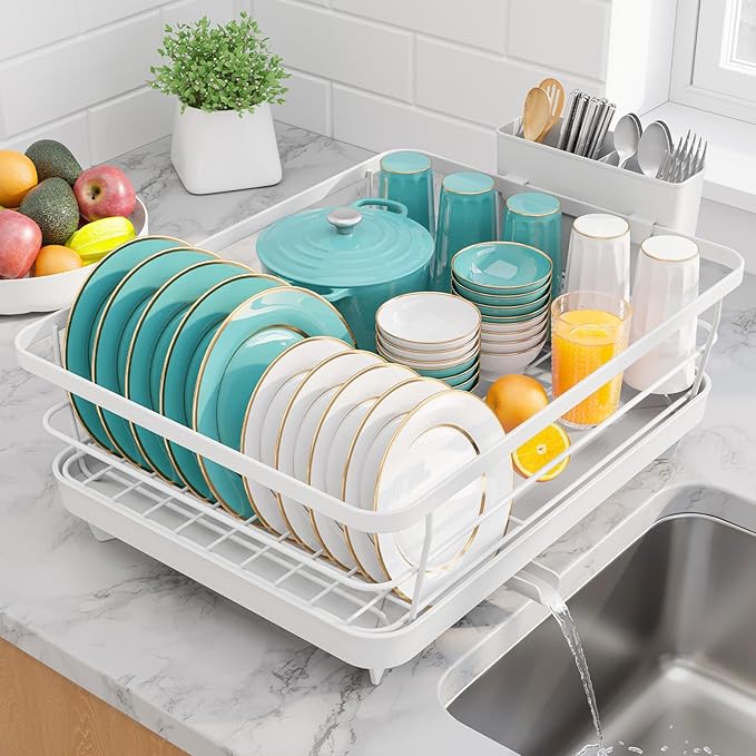 Sakugi Stainless Steel Dish Drying Rack for Kitchen Counter, Sink Organization and Storage Essentials with Silverware & Utensil Holder, Home and Apartment Decor, 12''W x 15.5''L, White