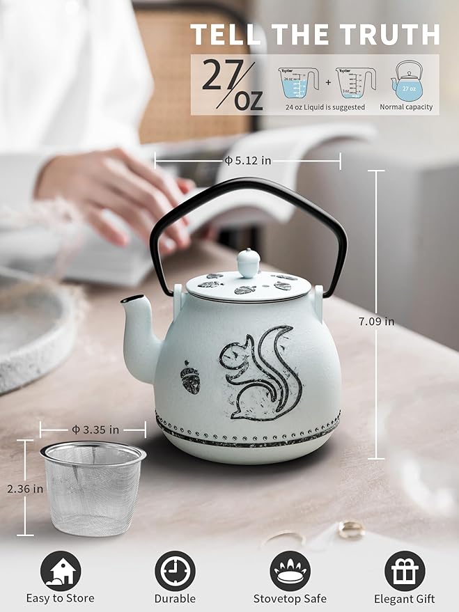 Toptier Teapot with Removable Infuser, Cast Iron Tea Kettle Stovetop Safe, Squirrel Design Tea Pot Coated with Enameled Interior for 32 Ounce (950 ml), Light Blue