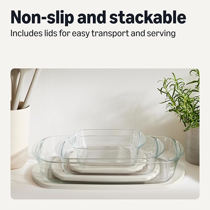 Amazon Basics Glass Baking Dishes with BPA-Free Lids, 6-Piece Set, Borosilicate Glass, Dishwasher and Oven-Safe, Linen Gray
