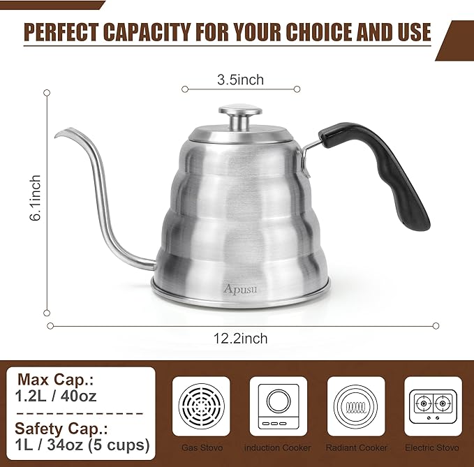 Gooseneck Kettle for Manual Drip Coffee & Tea 40oz Stainless Steel Pour Over Coffee Kettle with Thermometer Tea Kettle for Stovetop,1200ml,6 Cup,Silver,1Pack