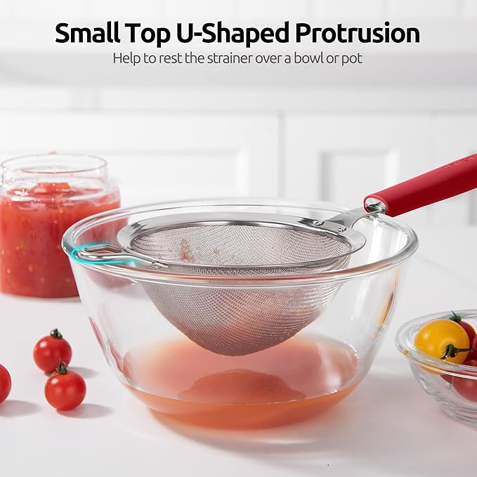 18/8 Stainless Steel Mesh Strainer: U-Taste 5.5 Inch Kitchen Fine Mesh Sieve Food Colander with Riveted Sturdy Silicone Handle and 30 Mesh Hole for Straining Flour, Pasta, Fruit, Quinoa (Red)