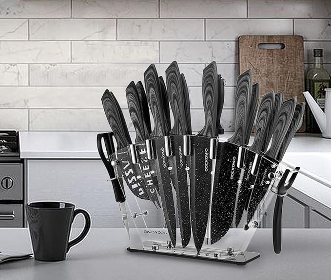 all in one Kitchen Knife Set with Block, 19 PCS High Carbon Stainless Steel Sharp Serrated Steak Knives Set, Chef Knives, Bread Knife, Scissor, Sharpener,