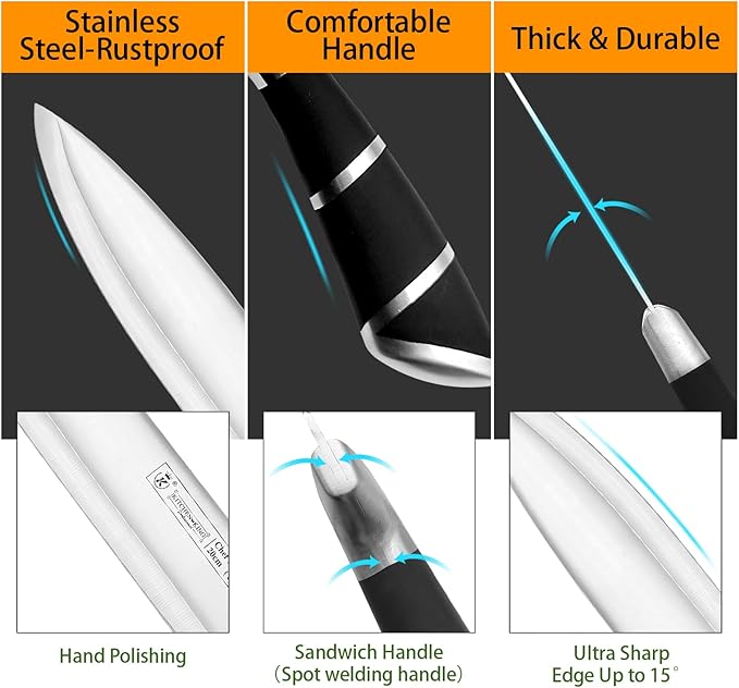 Kitchen Knife Set, Retrosohoo 9-Pieces Black Sharp Non-Stick Coated Chef Knives Block Set,Stainless Steel Knife Set for Kitchen with Sharpener for Cutting Slicing Dicing Chopping (Black)