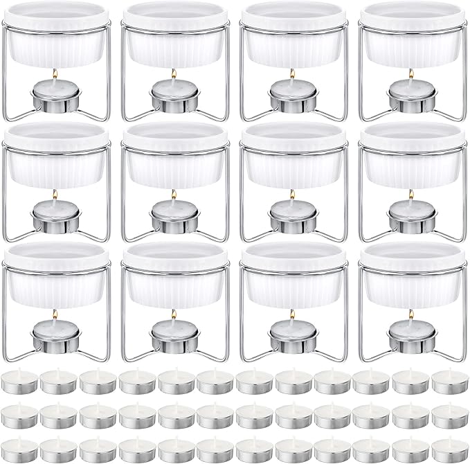 60 Pcs Ceramic Butter Warmers Set, Include 12 Butter Warmers for Seafood Melter with Stands, 48 Tea Light Candles Food Warmer Candle for Fondue Chocolate Dishwasher Microwave Oven Safe