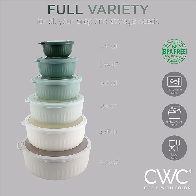 COOK WITH COLOR Prep Bowls with Lids- Wide and Deep Nesting Plastic Small Mixing Bowl Set with Lids, 12 Piece Set - Wide Bowls, Green