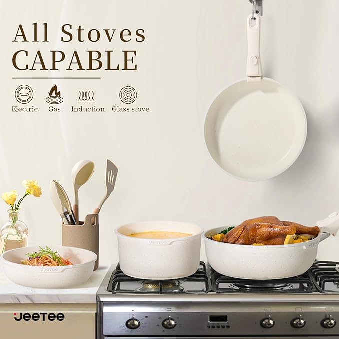 JEETEE Pots and Pans Set Non Stick 19pcs, Kitchen Cookware Sets with Detachable Handle, Induction Nonstick Cookware Set with Removable Handle, Stackable RV Cookware, Oven Safe, PFOA Free, Beige
