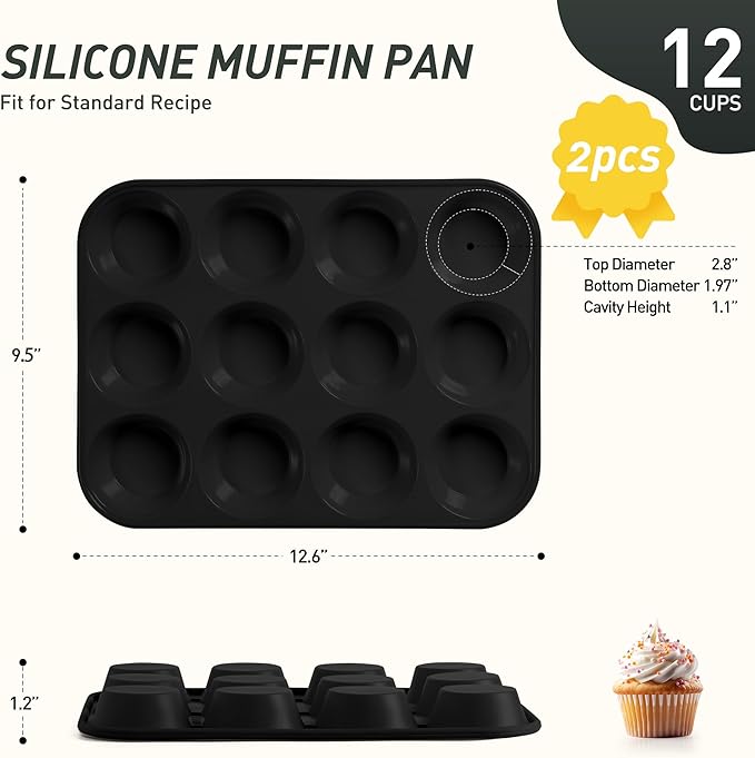 2 Pack 12 Cups Silicone Muffin Pan with Metal Reinforced Frame Regular Size Silicone Molds Cupcake Cake Baking Pans Cookie Baking Chocoflan Cupcake Mold Baking Homemade Muffins Cupcakes Egg Bites
