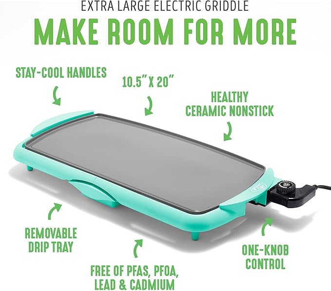 GreenLife 20” Extra Large Electric Griddle, Non-Toxic PFAS & PFOA-Free Ceramic Nonstick, Temperature Control, Quick Even Heating, Removable Drip Tray, Pancakes, Eggs, Sausage, Easy Clean, Turquoise